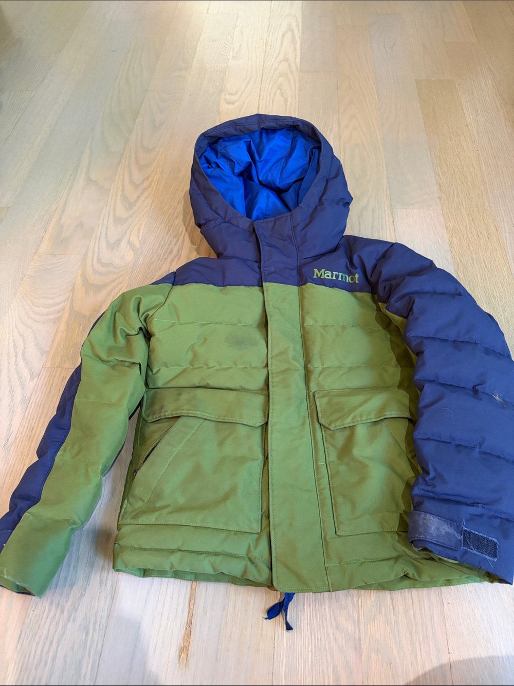 Marmot Olive Green and Navy Kids Hooded Puffer Jacket
